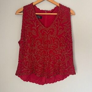 JKARA‎ New York Red Beaded Sleeveless Top Size XXL Formal Elegant Party Event
